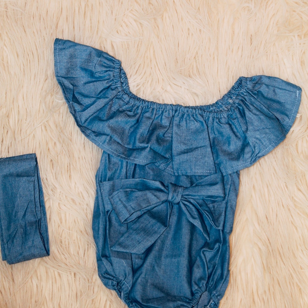 Denim Ruffled Bodysuit with Headband - Picture 2 of 4